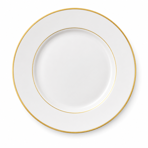 10 3/4" China Dinner Plate "White with Gold" (Rack of 20)
